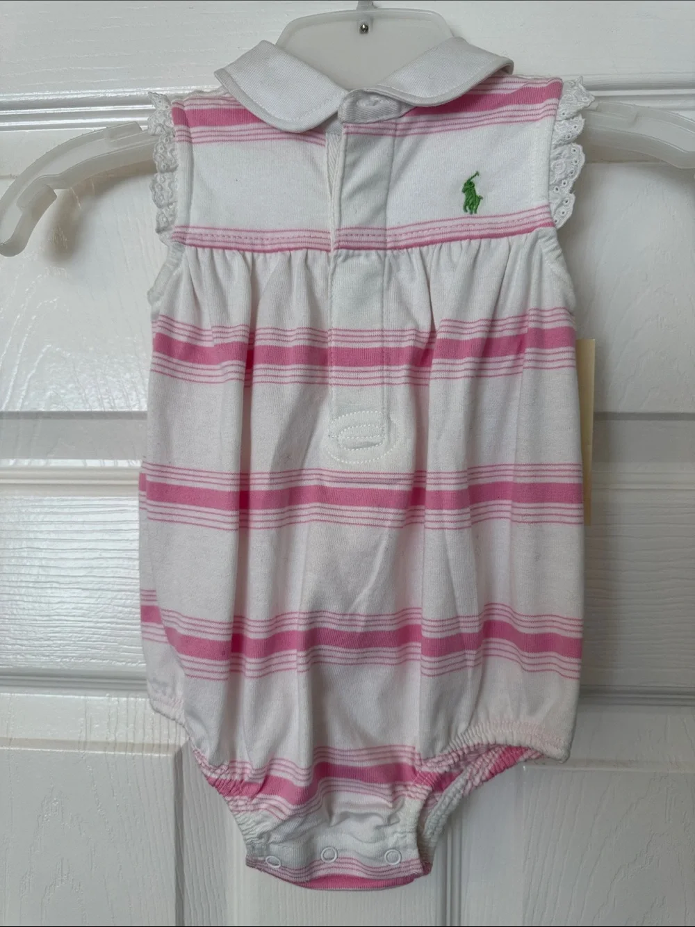 Ralph Lauren - vintage White and Pink Striped Baby Romper with Green Polo Logo